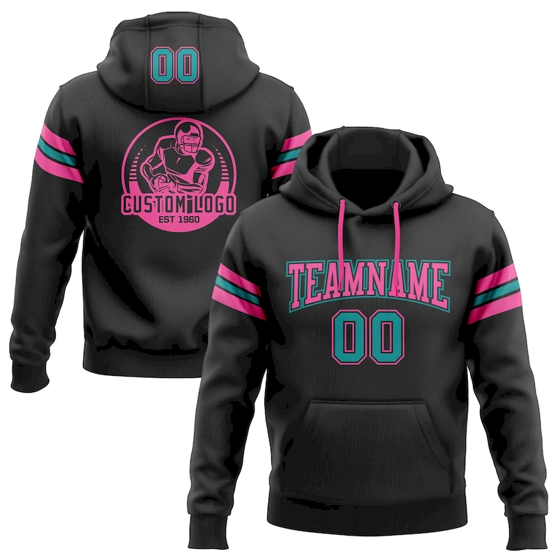 Black1749.webp Custom Stitched Black Teal-Pink Football Pullover Sweatshirt Hoodie - Image 1