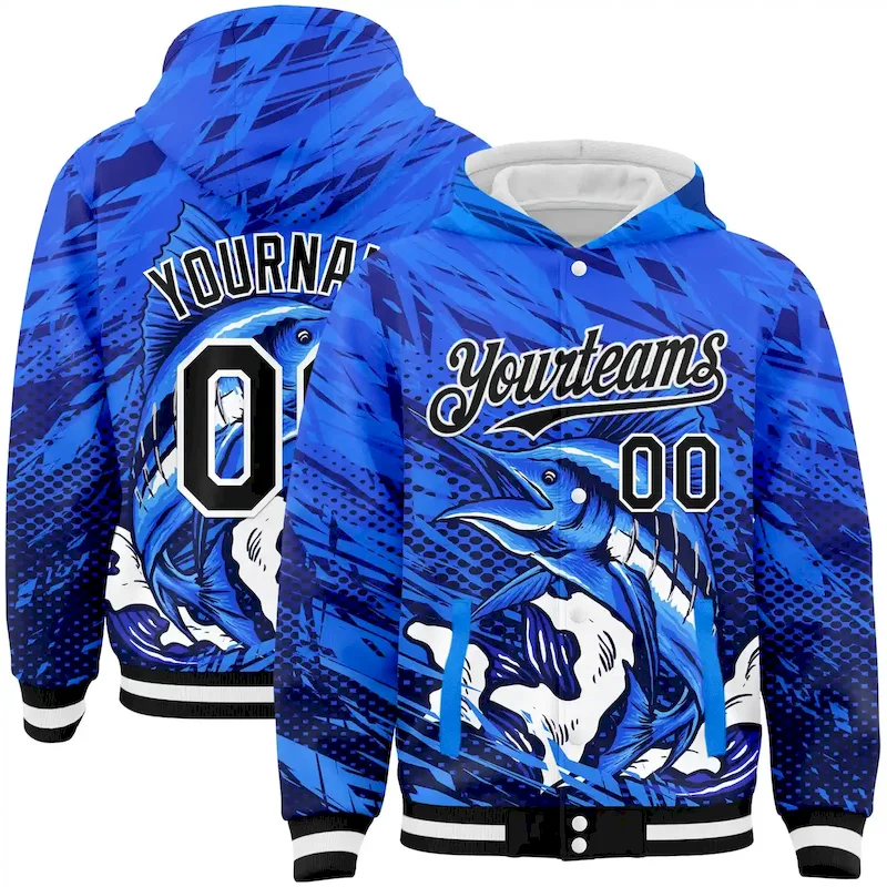Jacket3779.webp Custom Royal Black-White Marlin Fish Fishing 3D Bomber Full-Snap Varsity Letterman Hoodie Jacket - Image 1