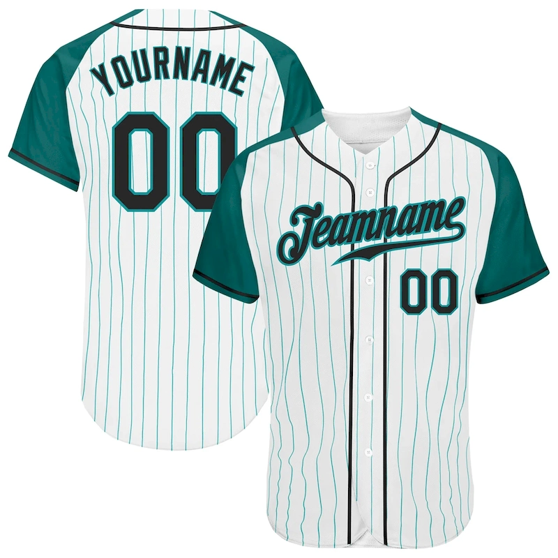 RaglanSleeves0070.webp Custom White Aqua Pinstripe Black-Aqua Authentic Raglan Sleeves Baseball Jersey - Image 1